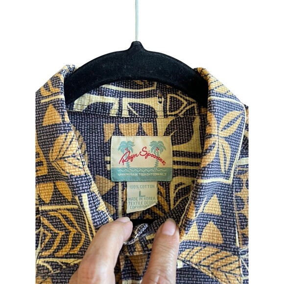 Reyn Spooner Mens L Leaf‎  Polka Dot Print Brown Shirt Cotton Button Up FLAW - Picture 7 of 11